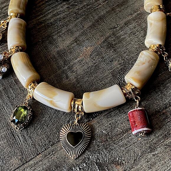 NEW Gold & Cream Beaded Statement Necklace - Picture 1 of 8
